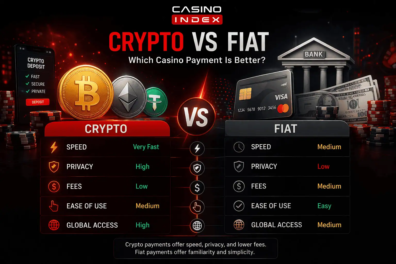 Crypto vs fiat casino payments comparison infographic showing advantages of cryptocurrency and traditional banking methods