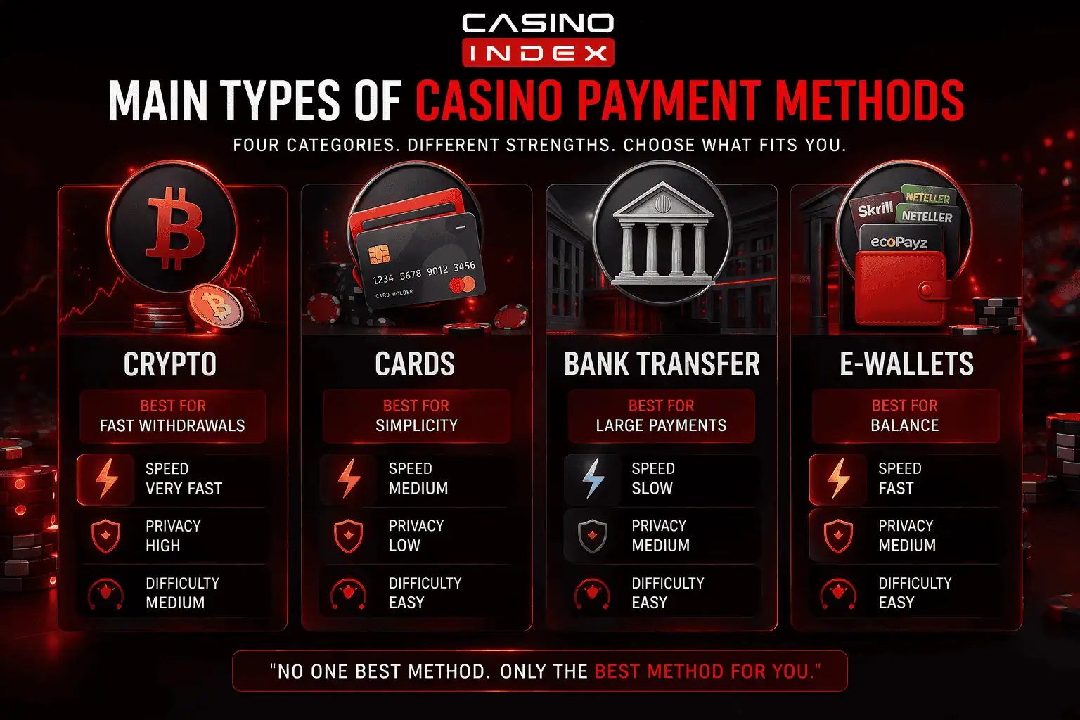 Casino payment methods comparison showing crypto, cards, bank transfer and e-wallet deposit and withdrawal options