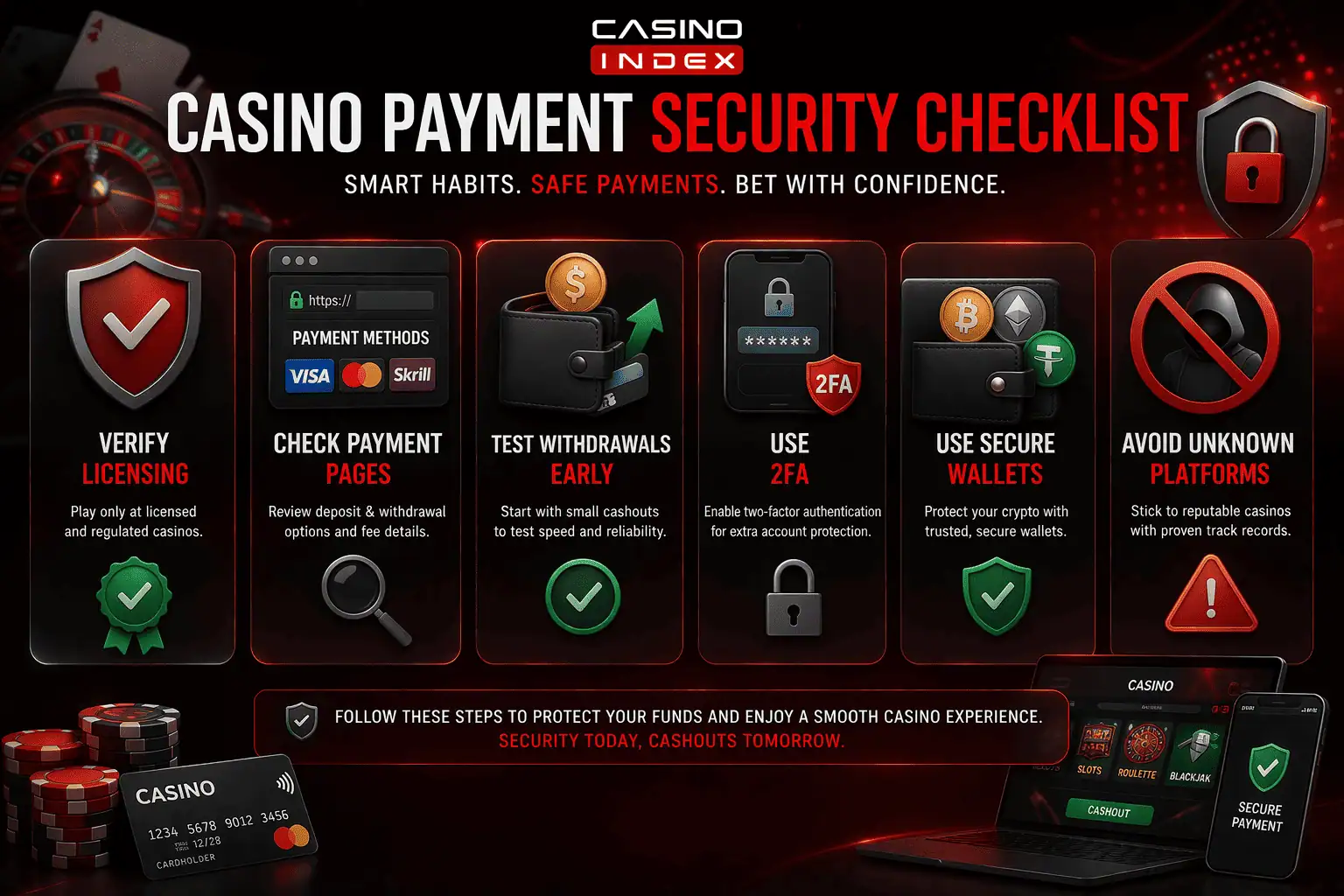 Casino payment security infographic showing safe gambling payment practices verification 2FA and secure wallets