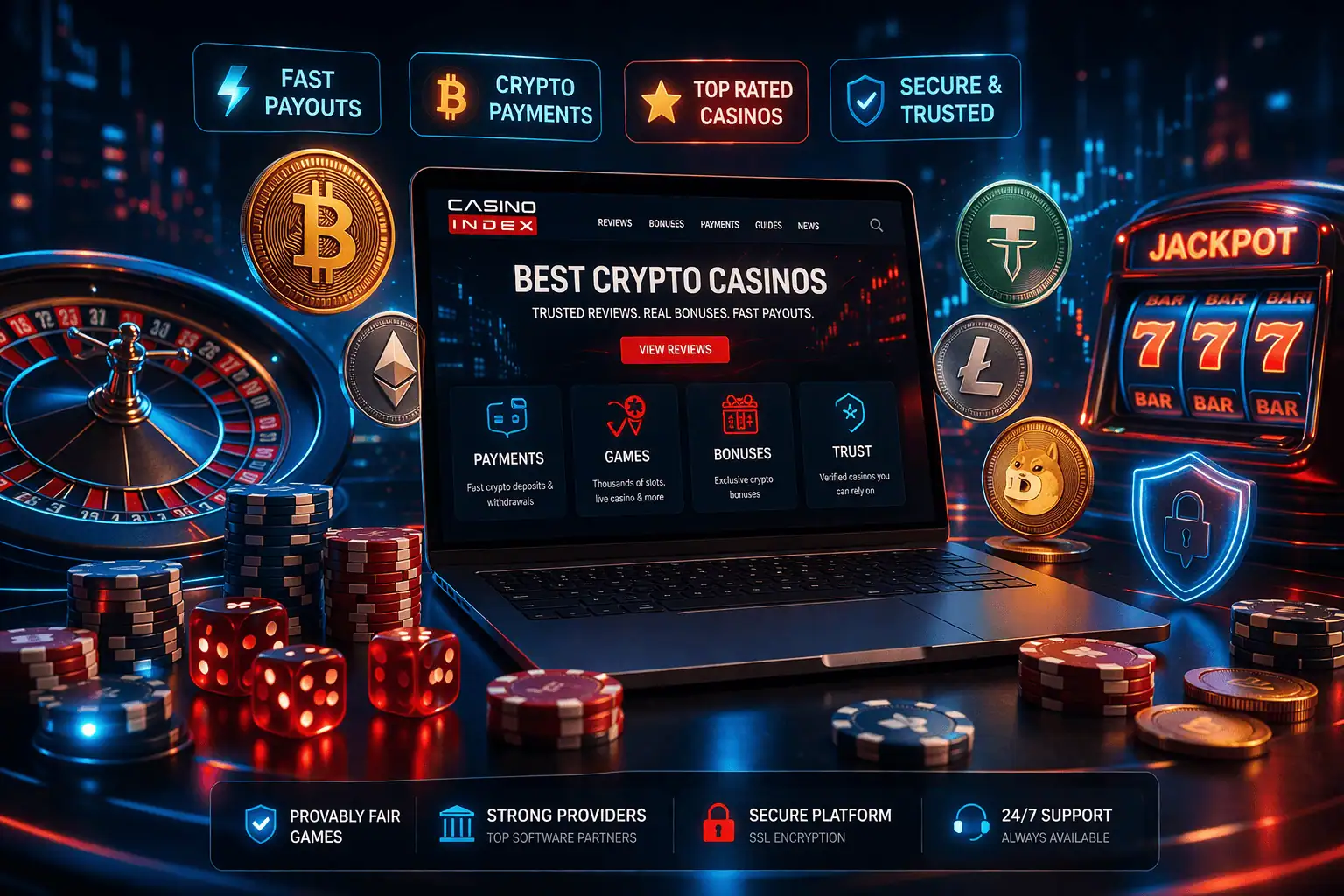 Crypto casino trust comparison showing payments security bonuses and trusted crypto gambling platforms reviewed by CasinoIndex