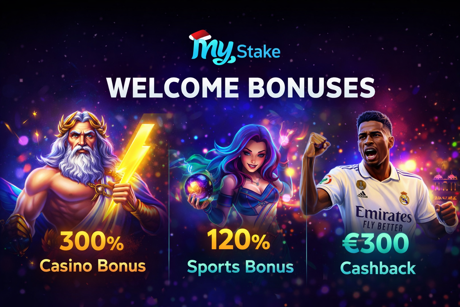 MyStake welcome bonus banner – 300% casino bonus, 120% sports bonus and €300 cashback
