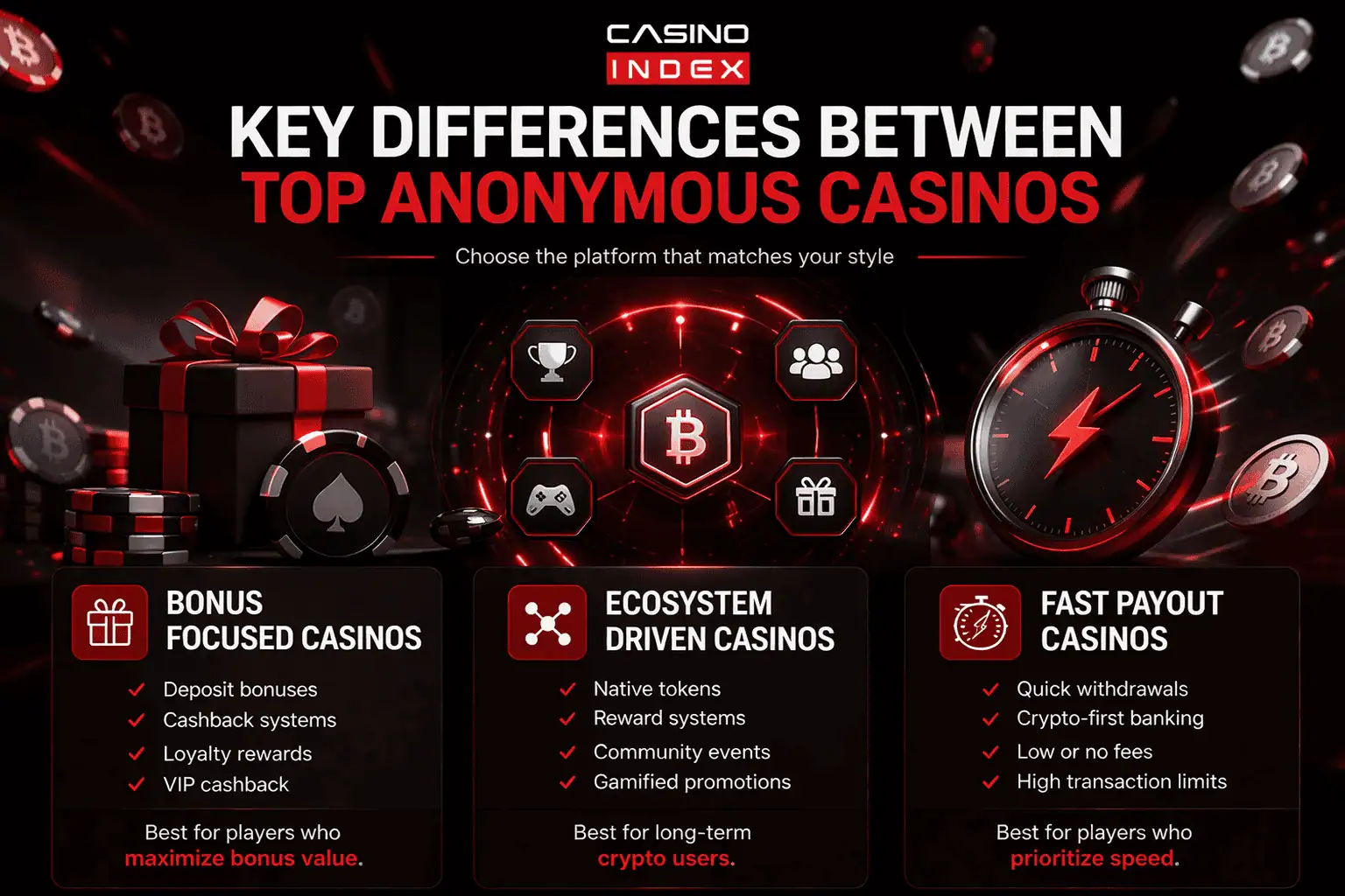 Comparison of bonus focused ecosystem driven and fast payout no KYC casinos including TrustDice BC.Game Duelbits MyStake CasinoIndex guide
