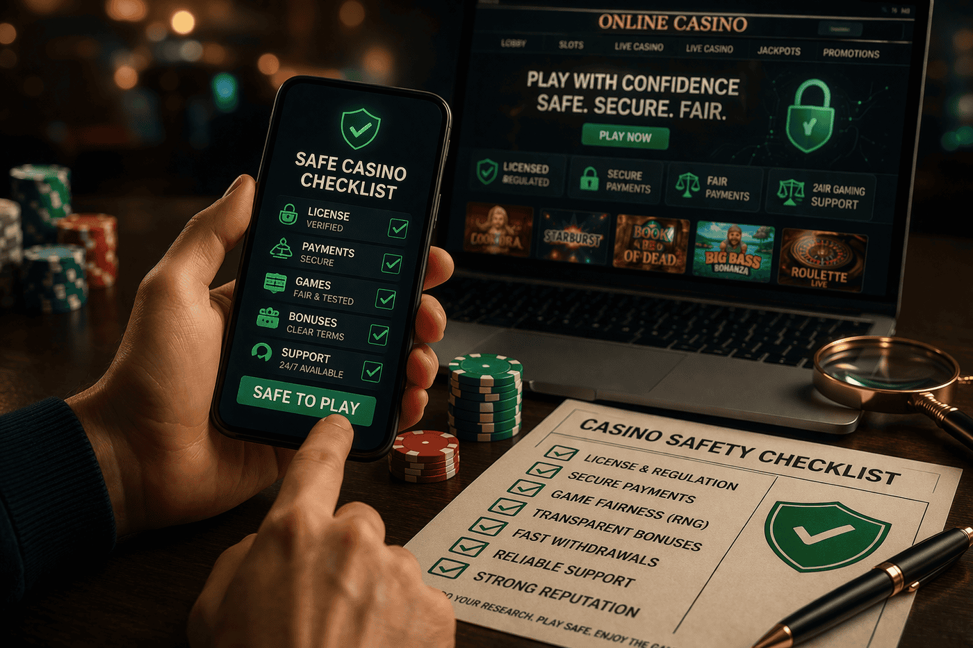 Safe online casino checklist showing licensing payment security RTP fairness and customer support checks