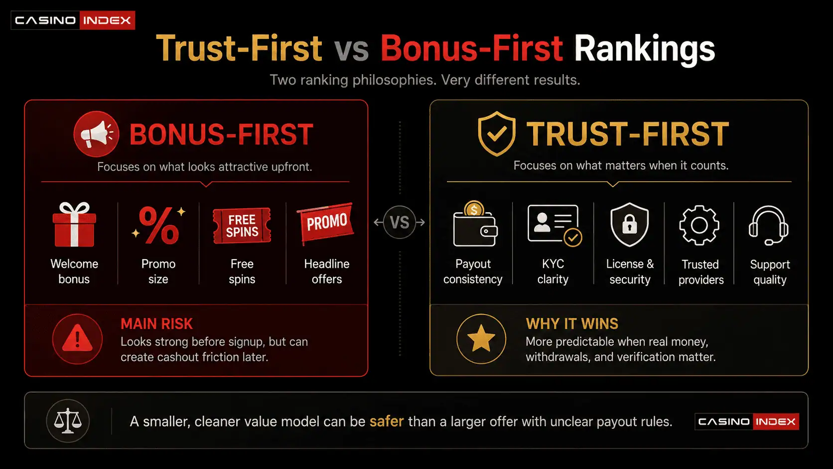 Trust-first vs bonus-first casino ranking infographic showing why withdrawals, KYC clarity, licensing and provider quality matter more than bonus size