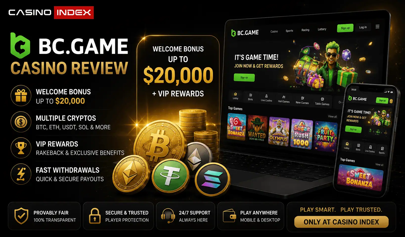 BC.Game casino review image showing welcome bonus, VIP rewards, multiple cryptocurrencies, fast withdrawals and BC.Game homepage design