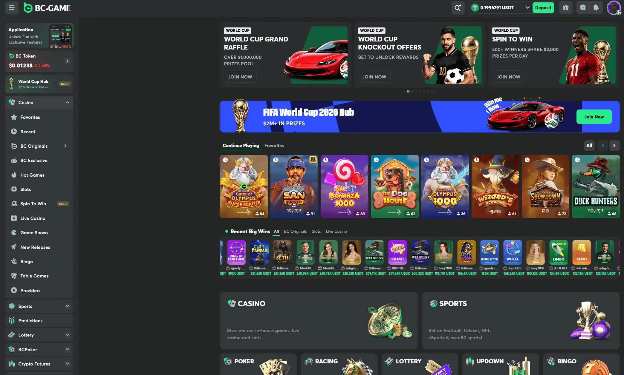 BC.Game Casino lobby with crypto games sportsbook and bonus features