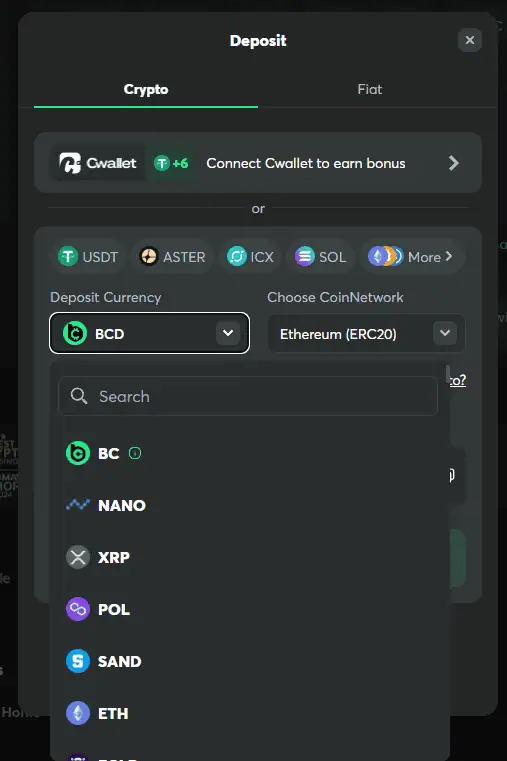 BC.Game deposit methods showing crypto and fiat payment options