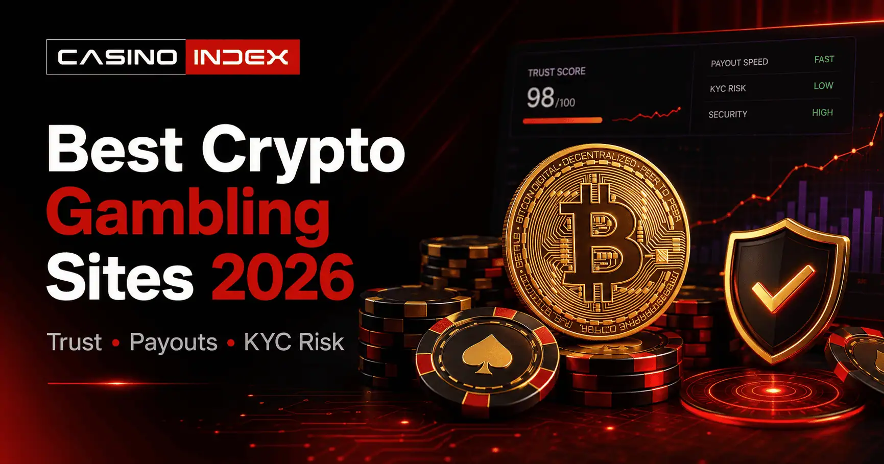 Best Crypto Gambling Sites 2026 featured image with CasinoIndex logo, Bitcoin coin, casino chips, trust score, payouts and KYC risk