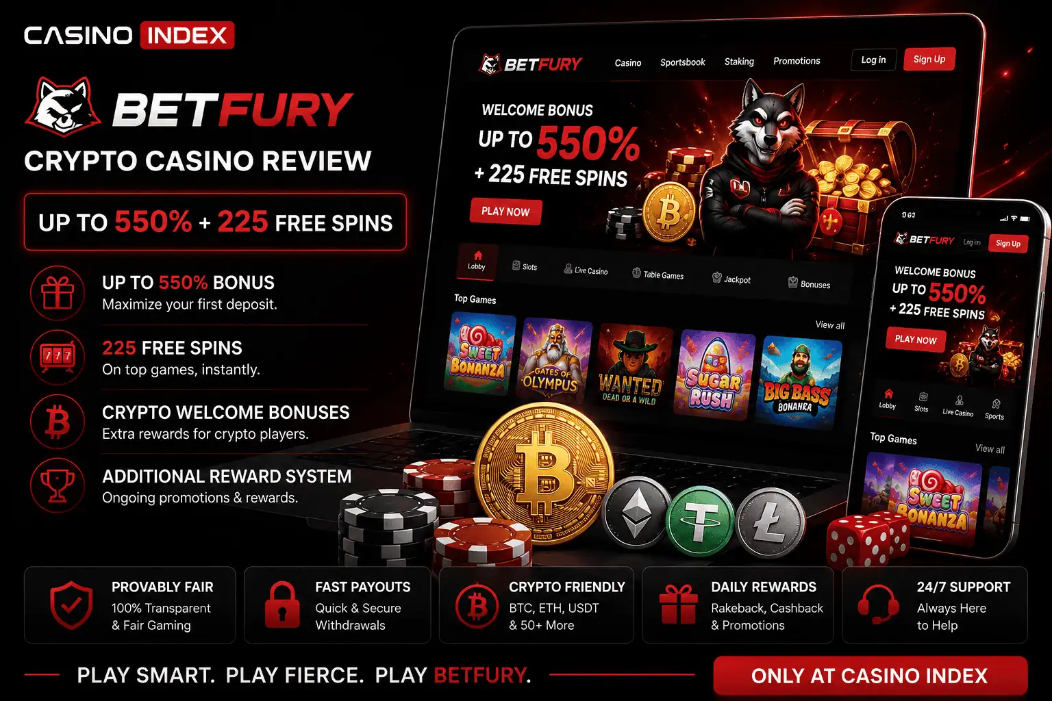 BetFury crypto casino review image showing 550% welcome bonus, 225 free spins, crypto payments, fast payouts and daily rewards