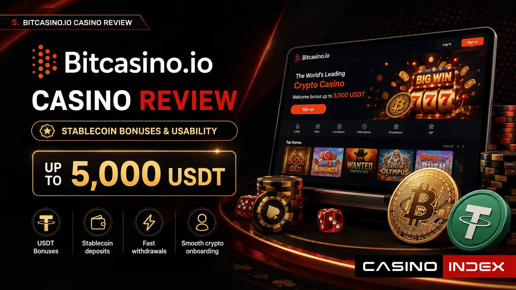 Bitcasino.io casino review image showing 5,000 USDT bonus, stablecoin deposits, fast withdrawals, crypto onboarding and CasinoIndex branding