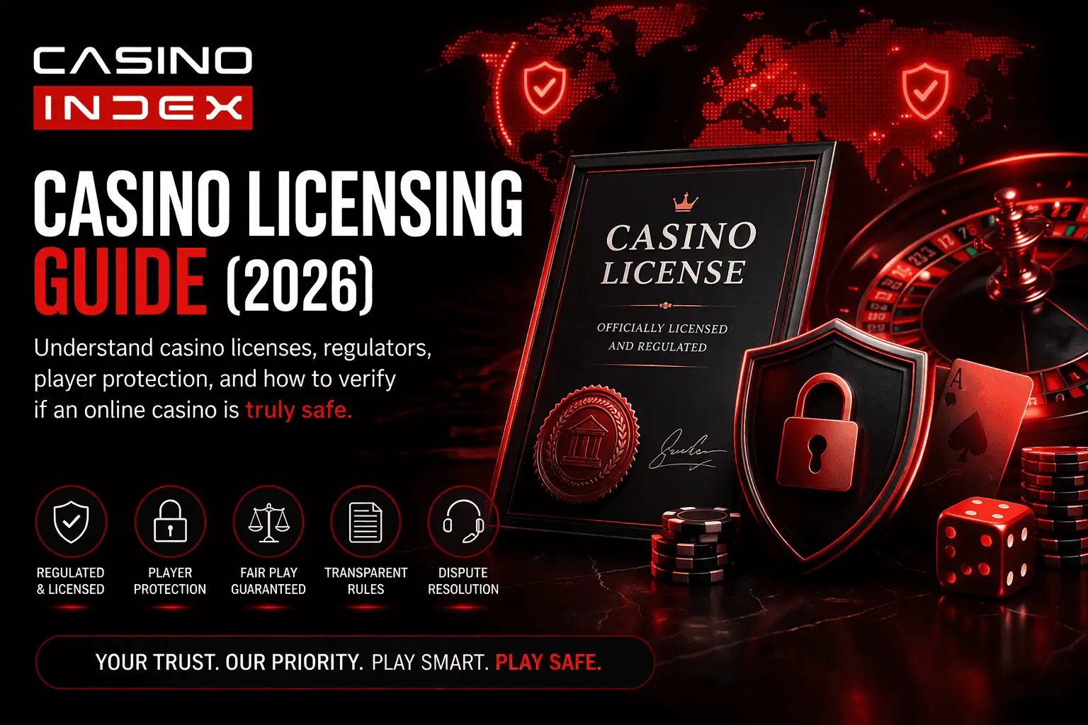 Casino licensing guide illustration showing casino license certificate, security shield and roulette wheel in red and black CasinoIndex branding