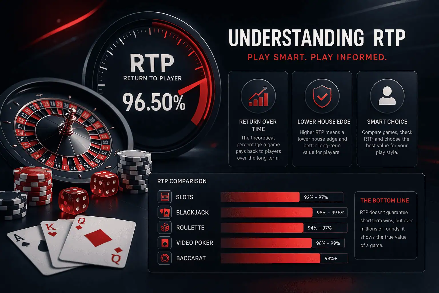 Casino RTP infographic showing return to player percentage and house edge comparison