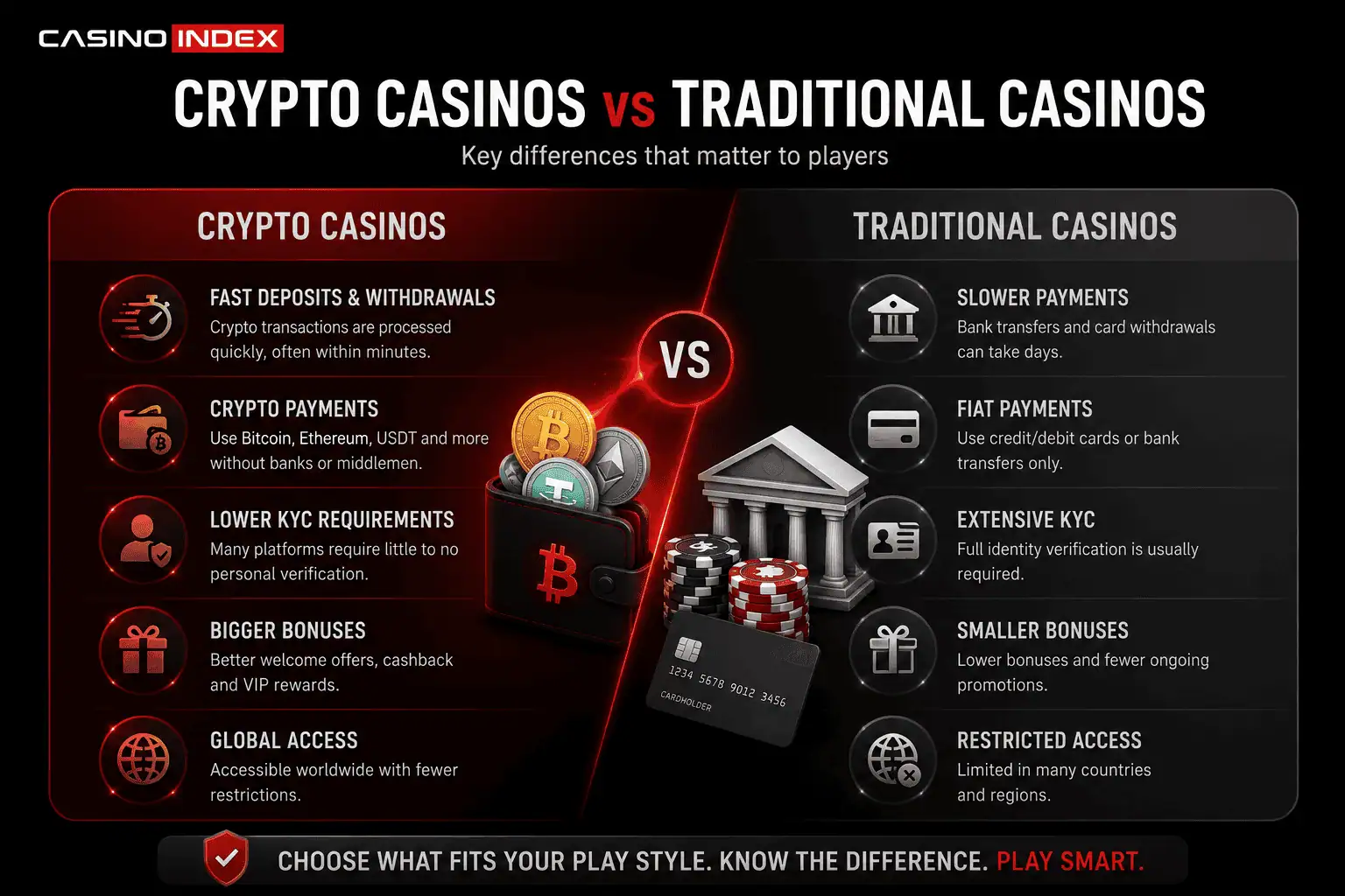 Crypto casinos vs traditional casinos comparison showing differences in deposits, withdrawals, crypto payments, KYC, bonuses and player access