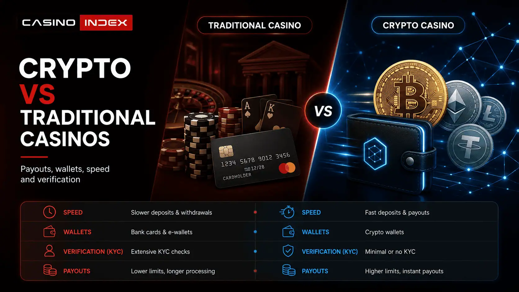 Crypto vs traditional casinos comparison showing CasinoIndex logo, crypto wallet, Bitcoin, casino chips, payment card, payouts, wallets, speed and KYC verification