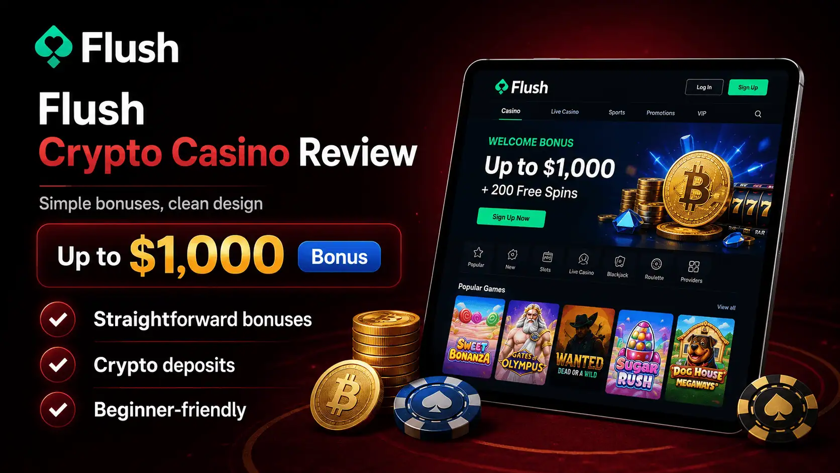 Flush casino review image showing welcome bonus up to $1,000, simple bonuses, crypto deposits, beginner-friendly design and casino homepage interface