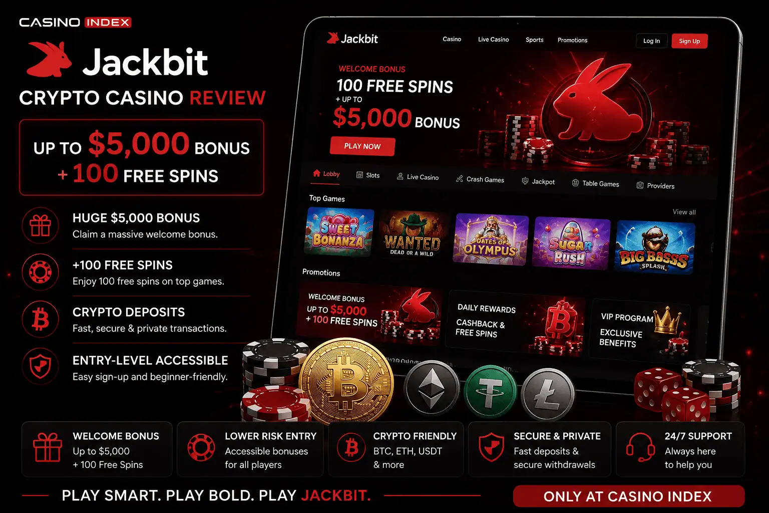 Jackbit casino review image showing $5,000 welcome bonus, 100 free spins, crypto deposits, entry-level access and casino homepage interface