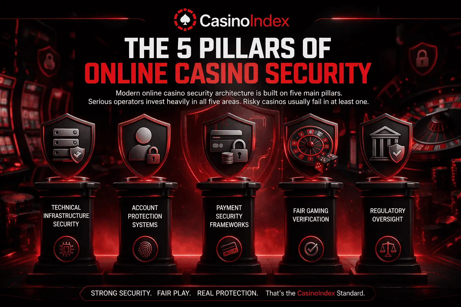 Five pillars of online casino security including account protection payment security fair gaming licensing and technical infrastructure CasinoIndex guide