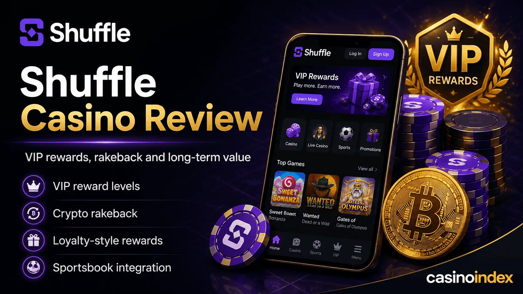 Shuffle casino review image showing VIP rewards, crypto rakeback, loyalty rewards, sportsbook integration, Bitcoin payments and mobile casino interface