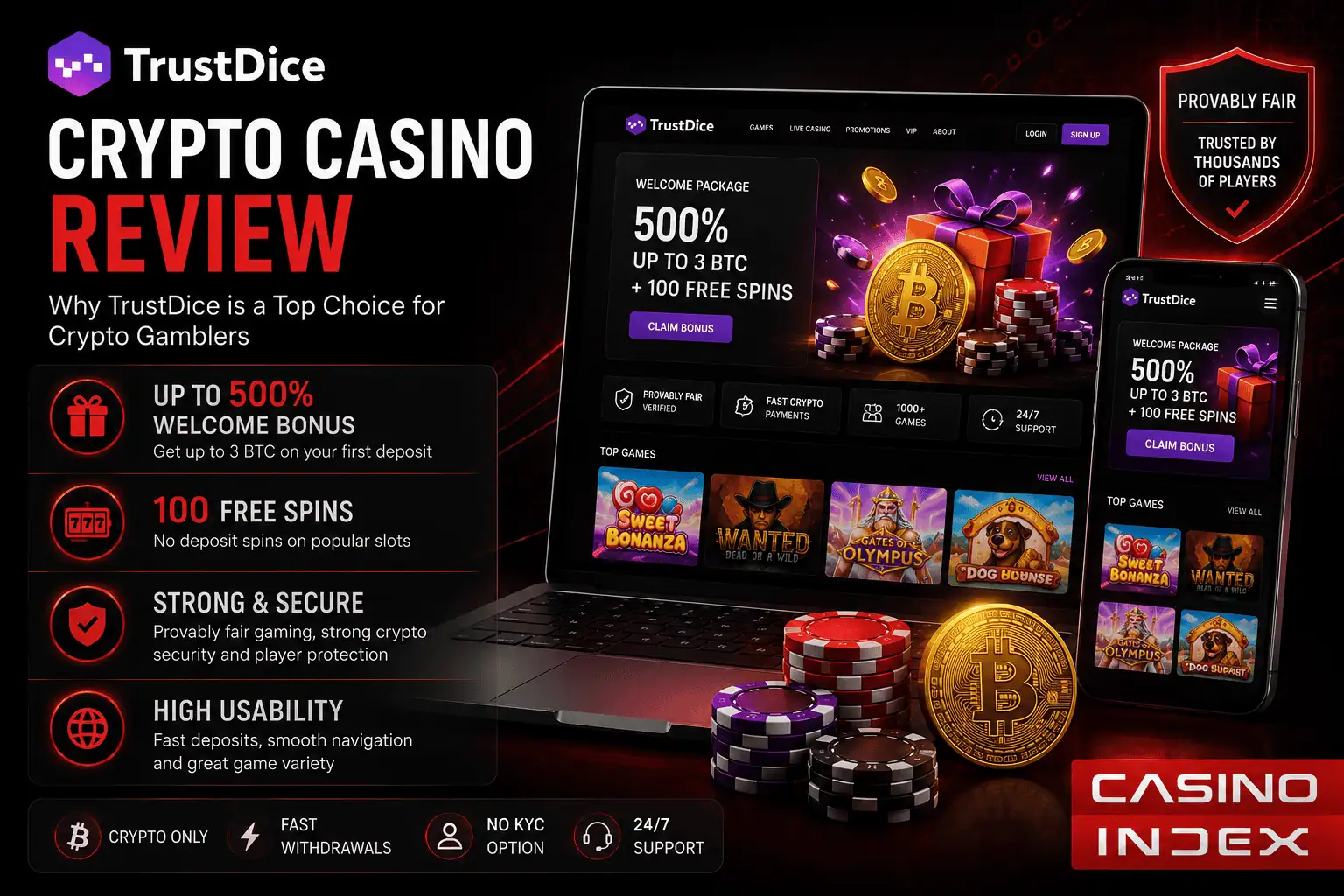 TrustDice crypto casino review showing welcome bonus, free spins, Bitcoin payments, mobile casino interface and provably fair trust signals