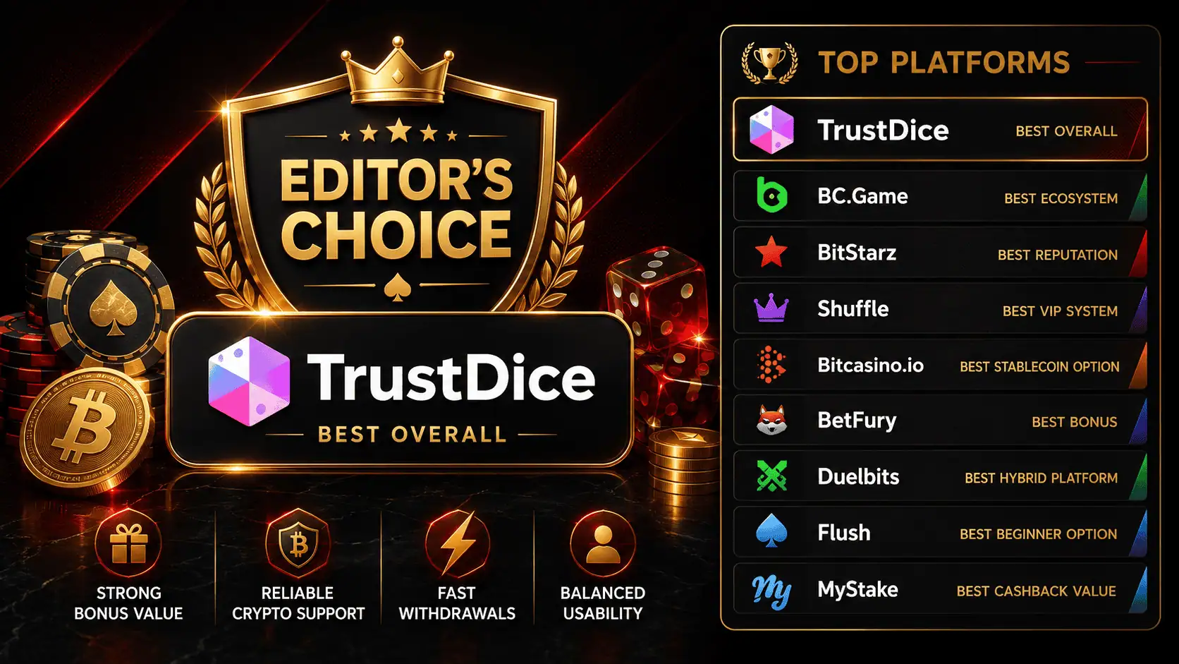 TrustDice Editor’s Choice image showing best overall crypto gambling site, top crypto casino platforms, bonus value, crypto support, fast withdrawals and balanced usability