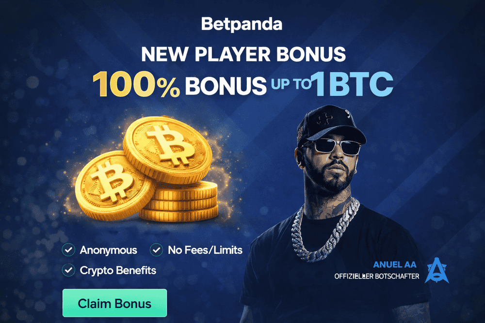 Betpanda bonus banner with 100 percent deposit bonus up to 1 BTC and cashback rewards for crypto players