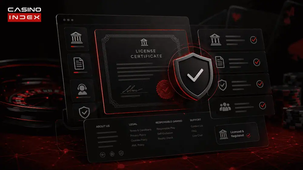 online casino trust image with shield licensing document and legal page elements showing accountability beyond security claims