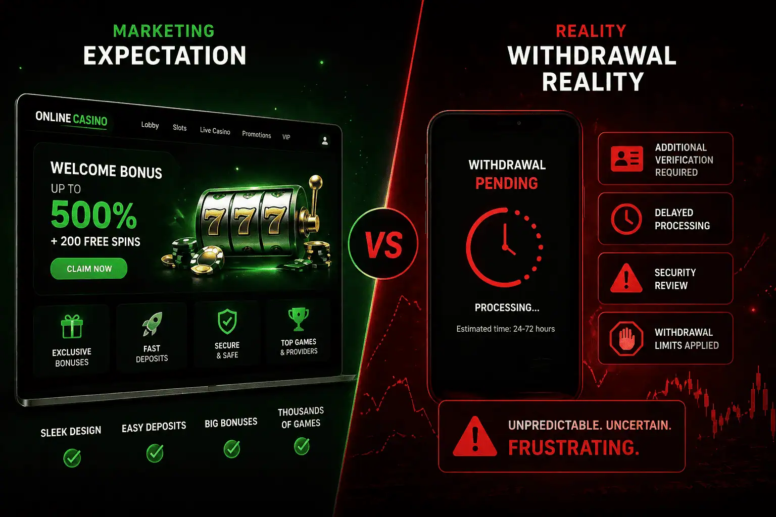 casino expectation vs reality showing bonus marketing versus withdrawal delays and real user experience