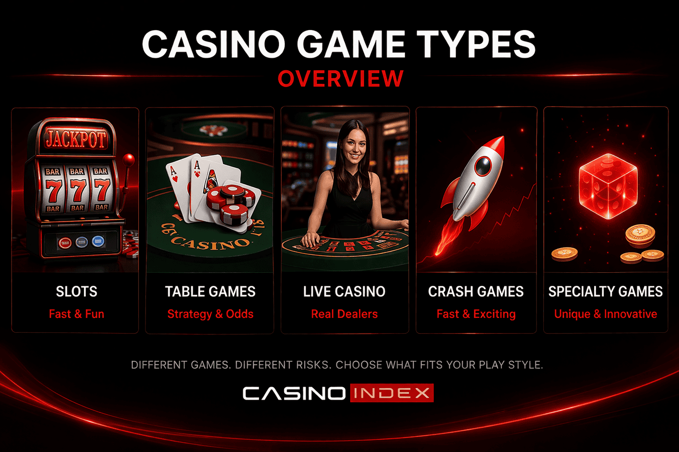 Overview of casino game types including slots table games live casino crash games and specialty games CasinoIndex