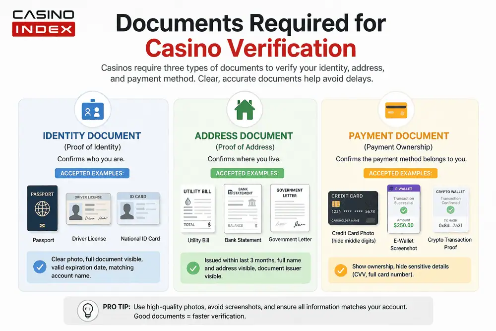 Casino KYC verification documents infographic showing ID proof address verification and payment ownership requirements CasinoIndex