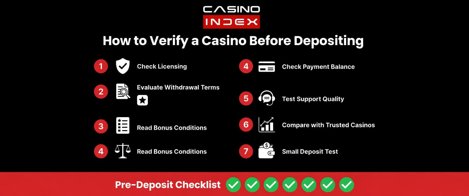 How to Verify a Casino Before Depositing – 7-step checklist including licensing, withdrawal terms, bonus conditions, support and small deposit test – Casino Scams Guide 2026