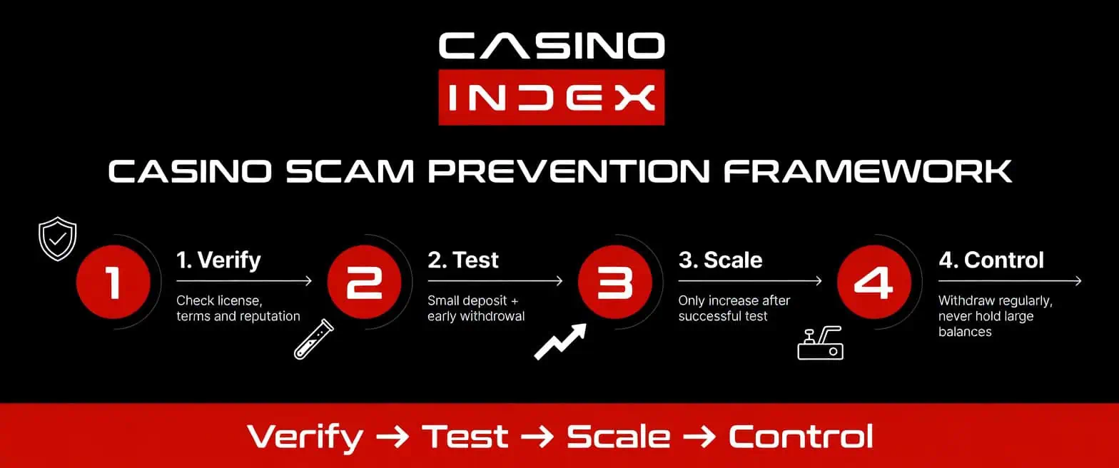 Casino Scam Prevention Framework 2026 – Verify, Test, Scale, Control – The 4-step system to avoid online casino scams and protect your money