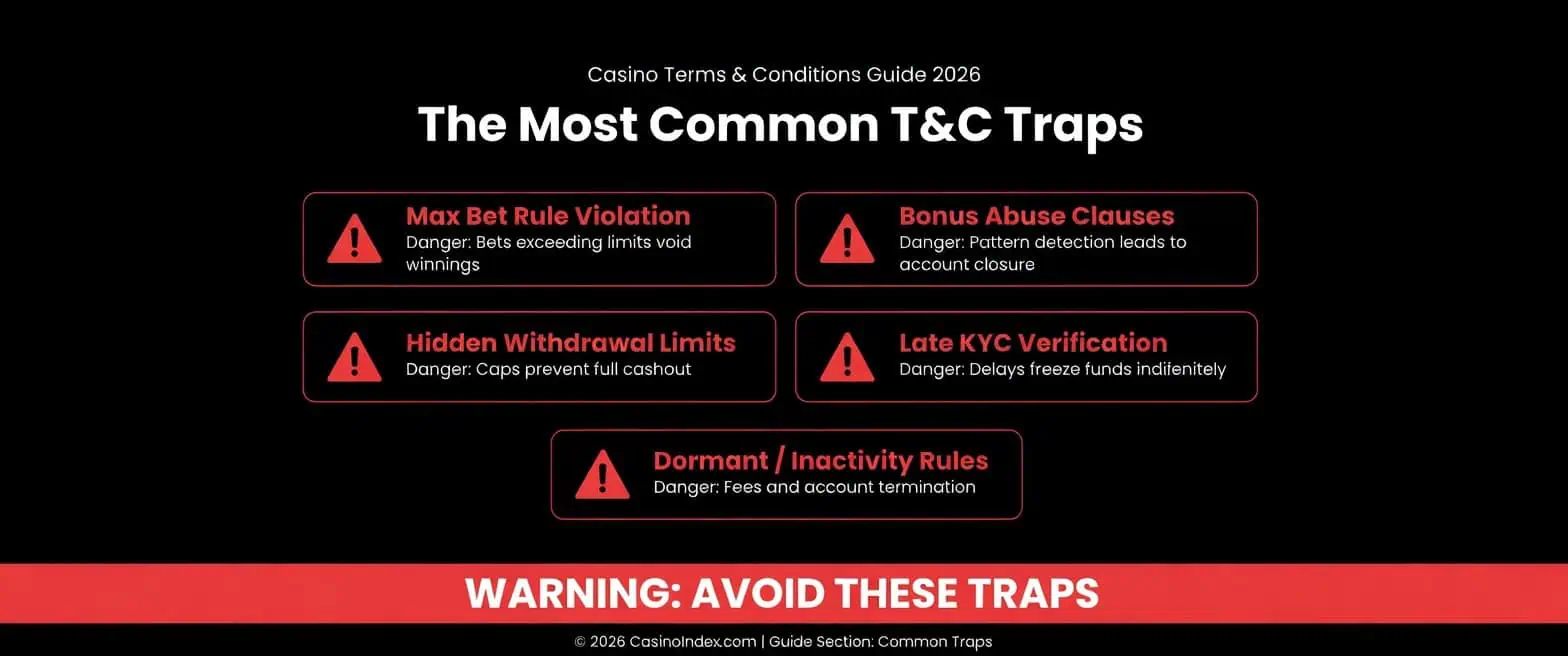 The Most Common T&C Traps in Casino Terms & Conditions 2026 – Max Bet Rule, Bonus Abuse, Hidden Withdrawal Limits, Late KYC Verification and Dormant Account Rules