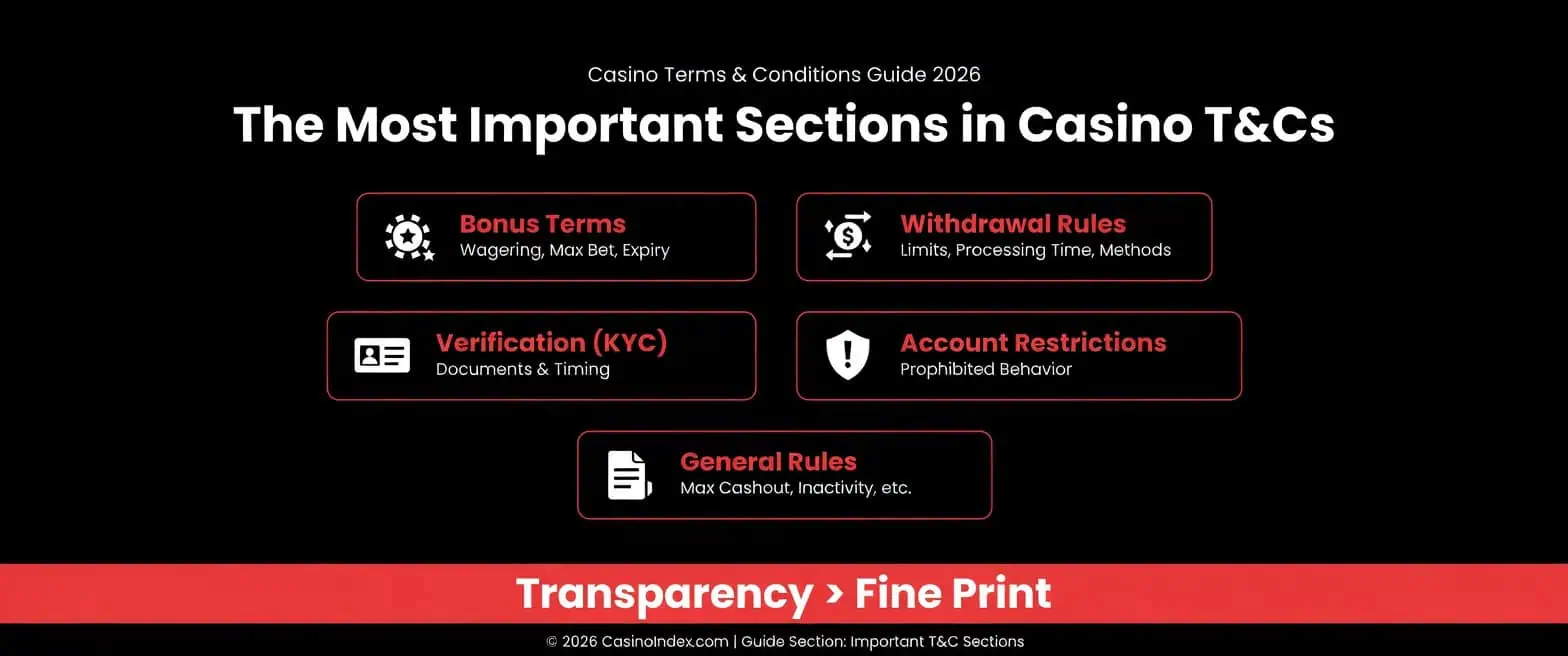 The Most Important Sections in Casino Terms & Conditions – Bonus Terms, Withdrawal Rules, Verification KYC, Account Restrictions and General Rules