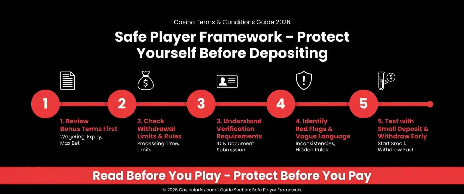 Safe Player Framework 2026 – 5 steps to protect yourself: Review Bonus Terms, Check Withdrawal Rules, Understand KYC, Identify Red Flags and Test with Small Deposit