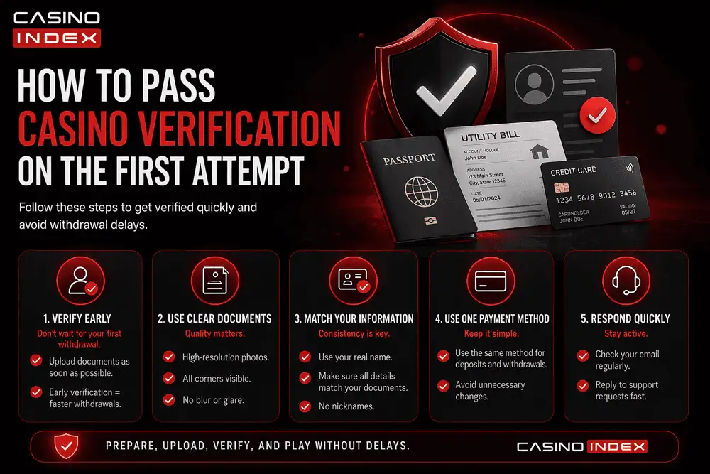 Casino verification checklist showing KYC preparation steps document quality rules and account verification tips CasinoIndex