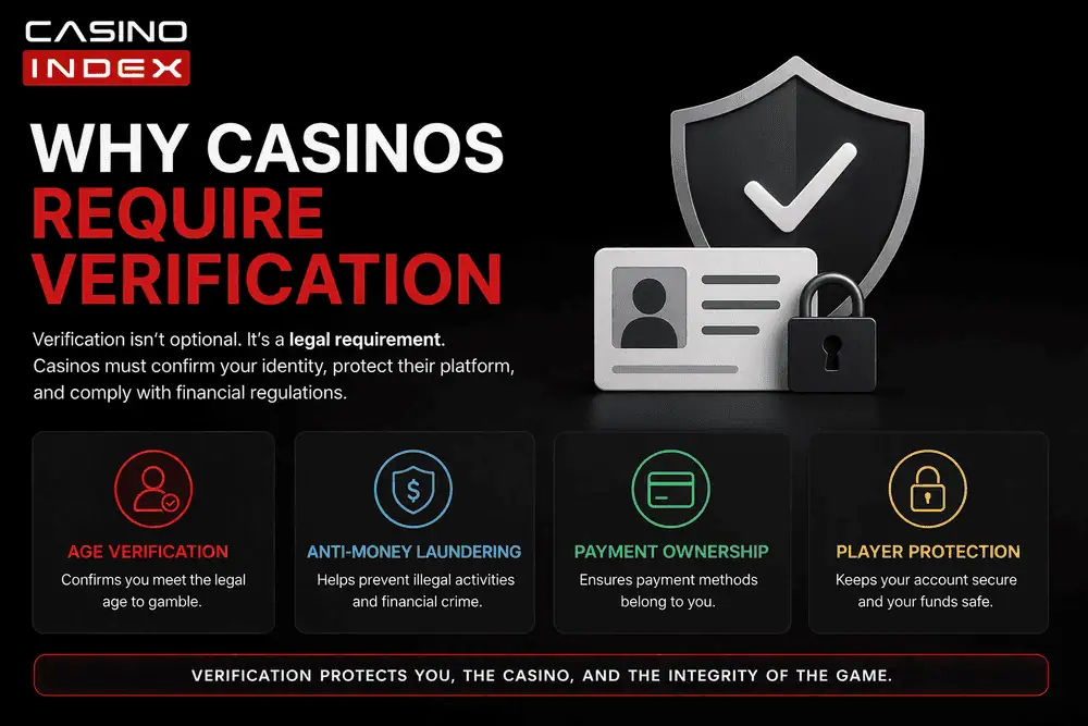 Casino verification KYC infographic showing age verification AML payment ownership and player protection CasinoIndex guide