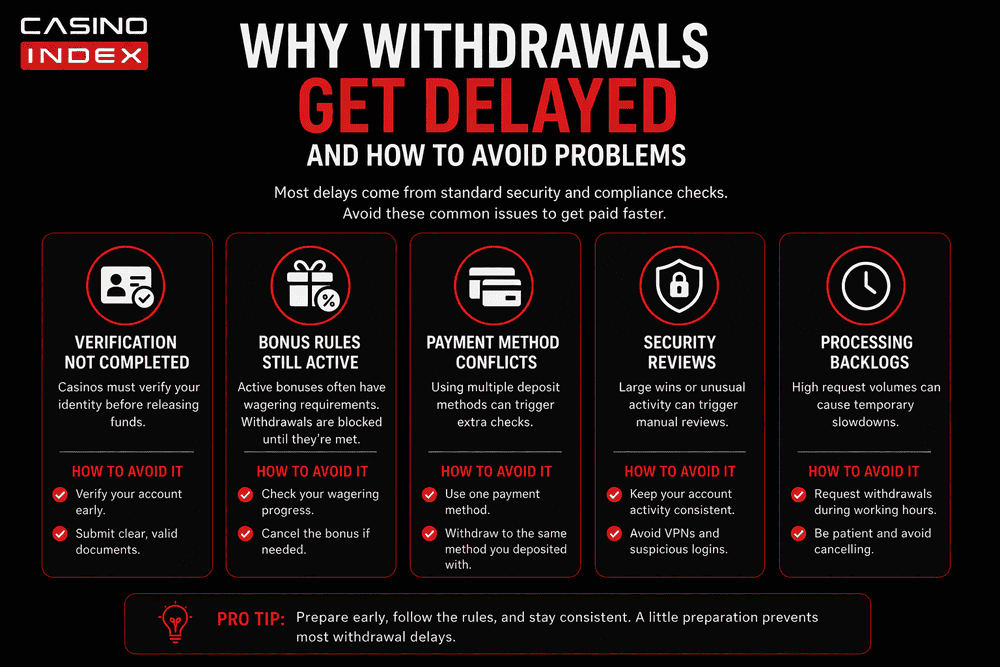 Casino withdrawal delays infographic showing common payout problems like verification bonus rules payment conflicts and security checks CasinoIndex