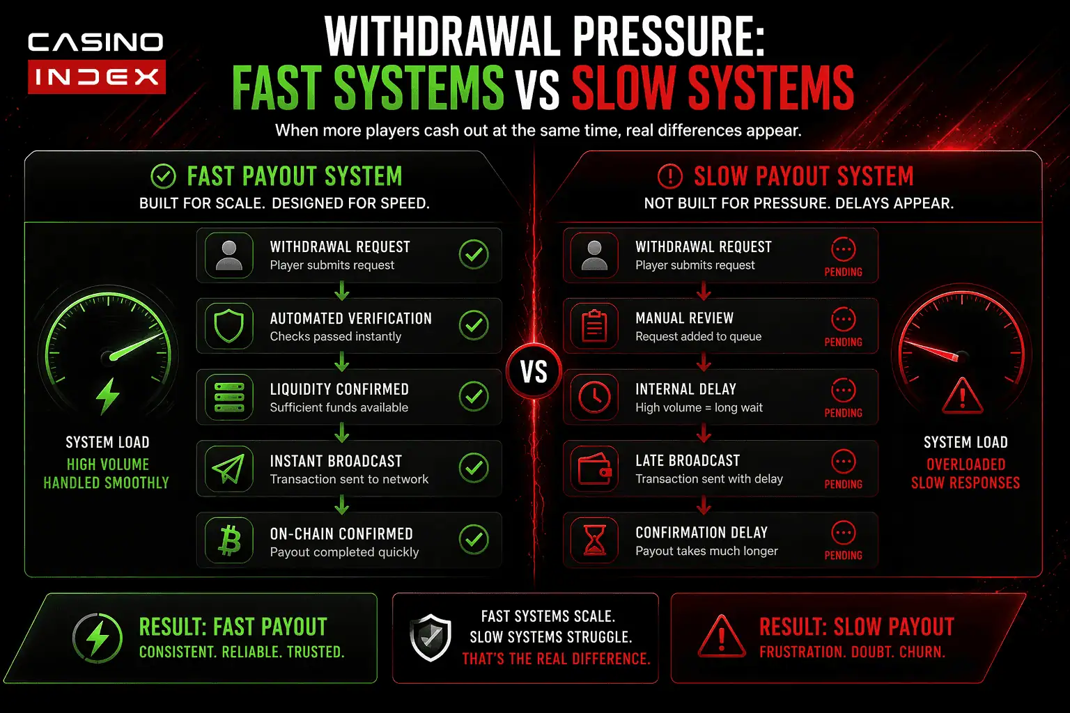 casino withdrawal pressure comparison showing fast payout systems vs slow payout delays