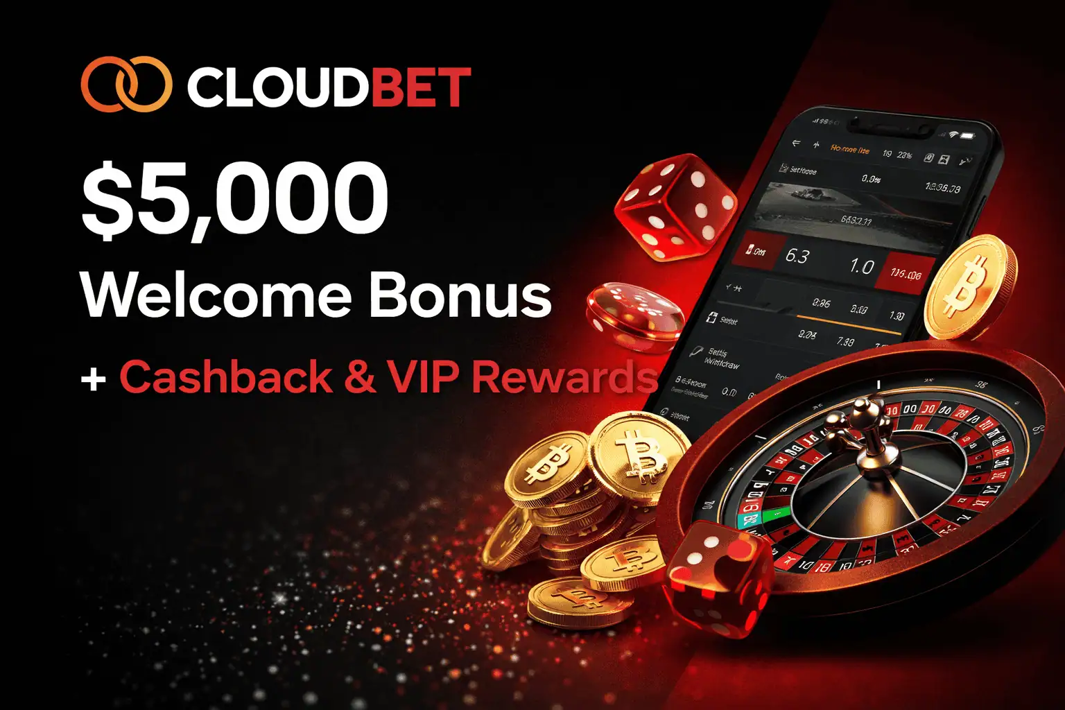 Cloudbet crypto casino bonus overview with red and black design showing sportsbook and casino rewards