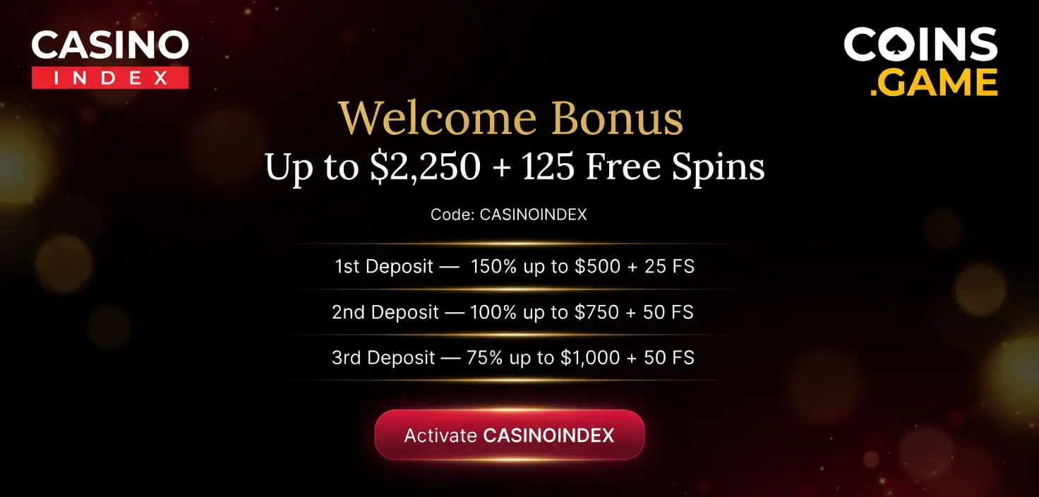 Coins.Game Casino Bonus Code CASINOINDEX banner showing up to 2250 bonus and 125 free spins