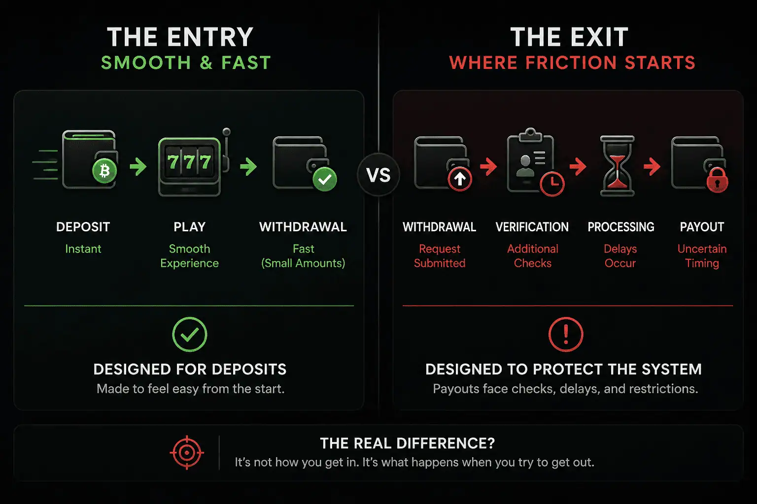 casino deposit vs withdrawal comparison showing smooth entry and delayed payout behavior in crypto and fiat casinos