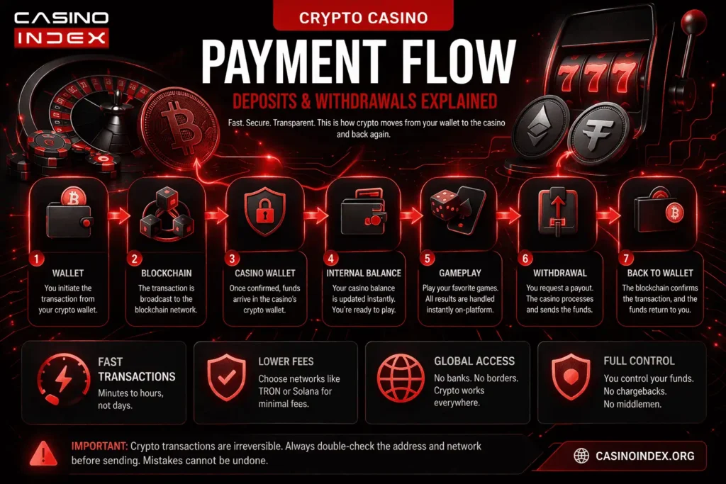 crypto casino payment flow diagram showing wallet blockchain deposit gameplay withdrawal steps in red black casinoindex design