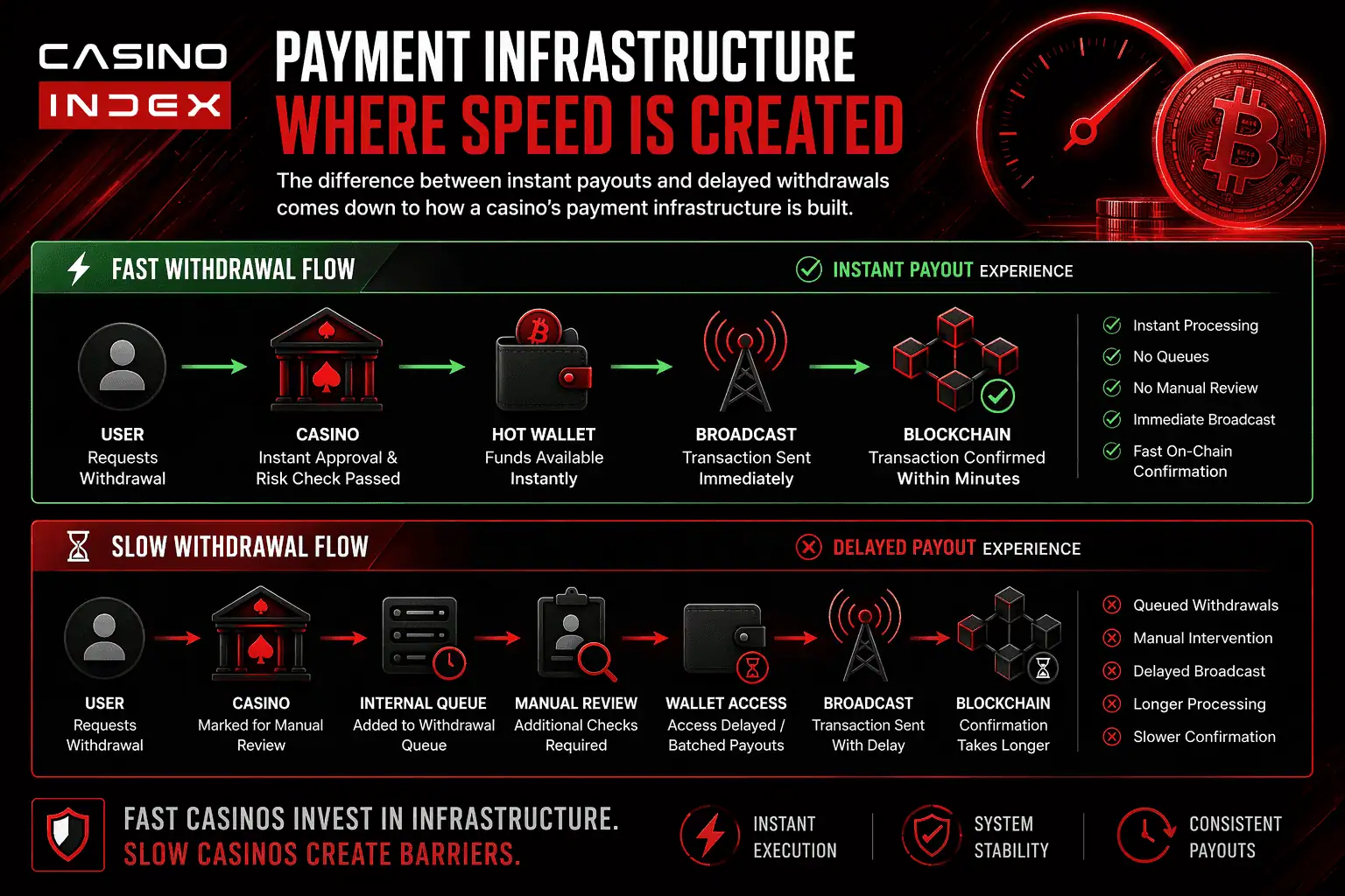 crypto casino withdrawal flow diagram showing fast vs slow payout systems and payment infrastructure