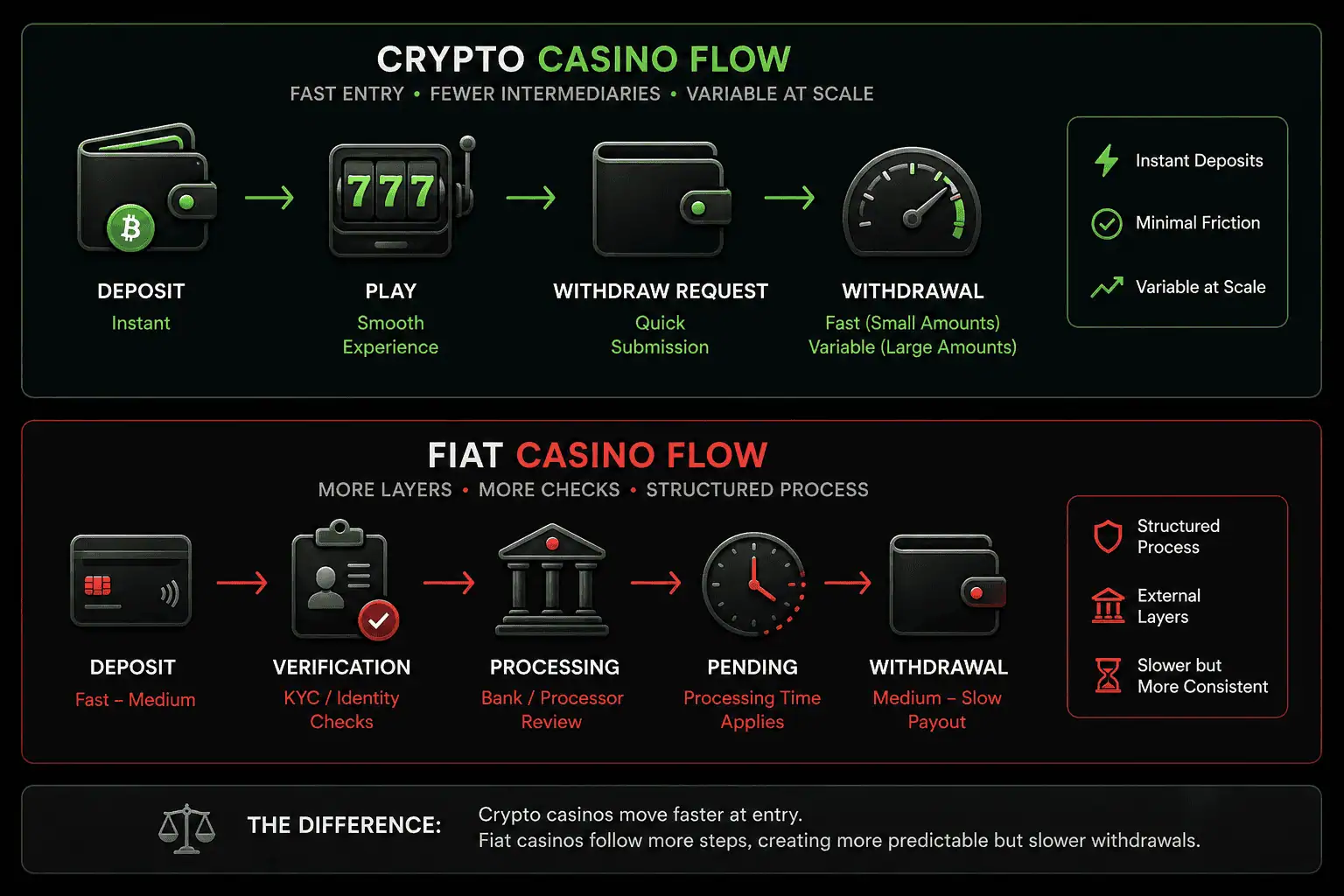 crypto vs fiat casino payment flow showing instant crypto deposits and multi-step fiat withdrawal process