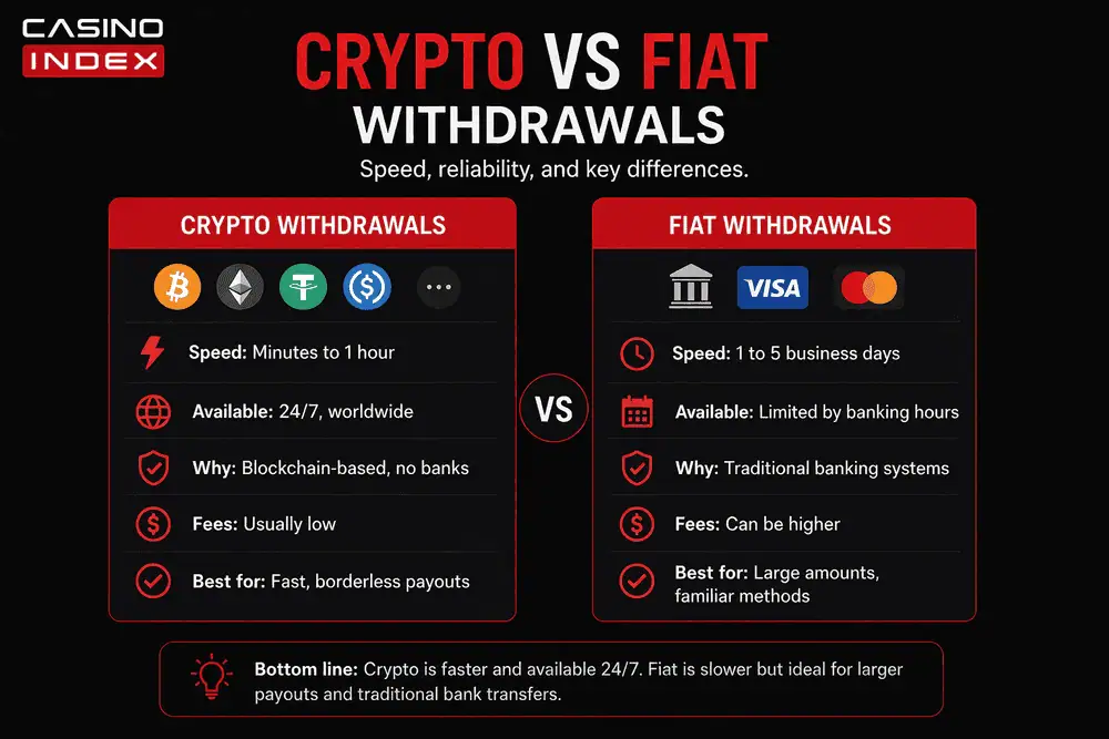 Crypto vs fiat casino withdrawals comparison showing payout speed processing time and payment method differences CasinoIndex infographic