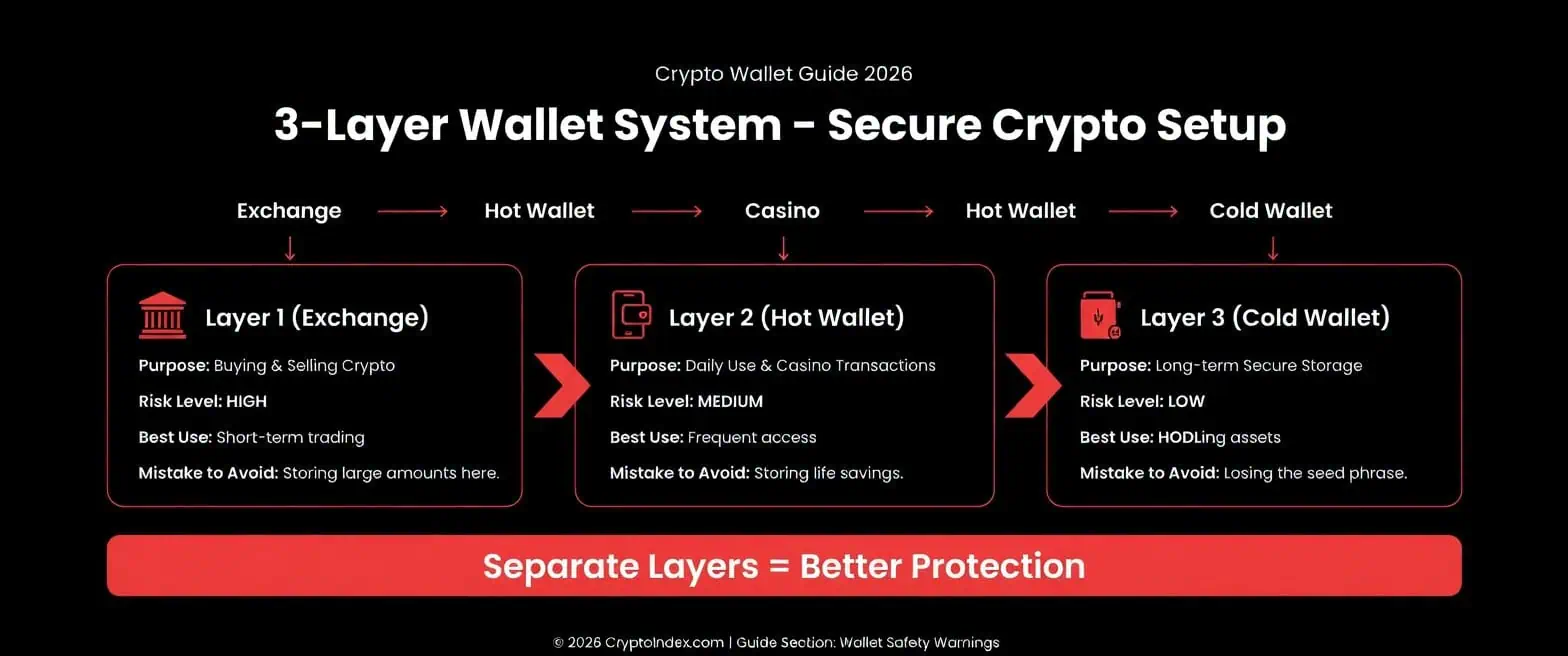 3-Layer Wallet System 2026 – Secure Crypto Setup: Exchange, Hot Wallet and Cold Wallet explained with risk levels and best use cases