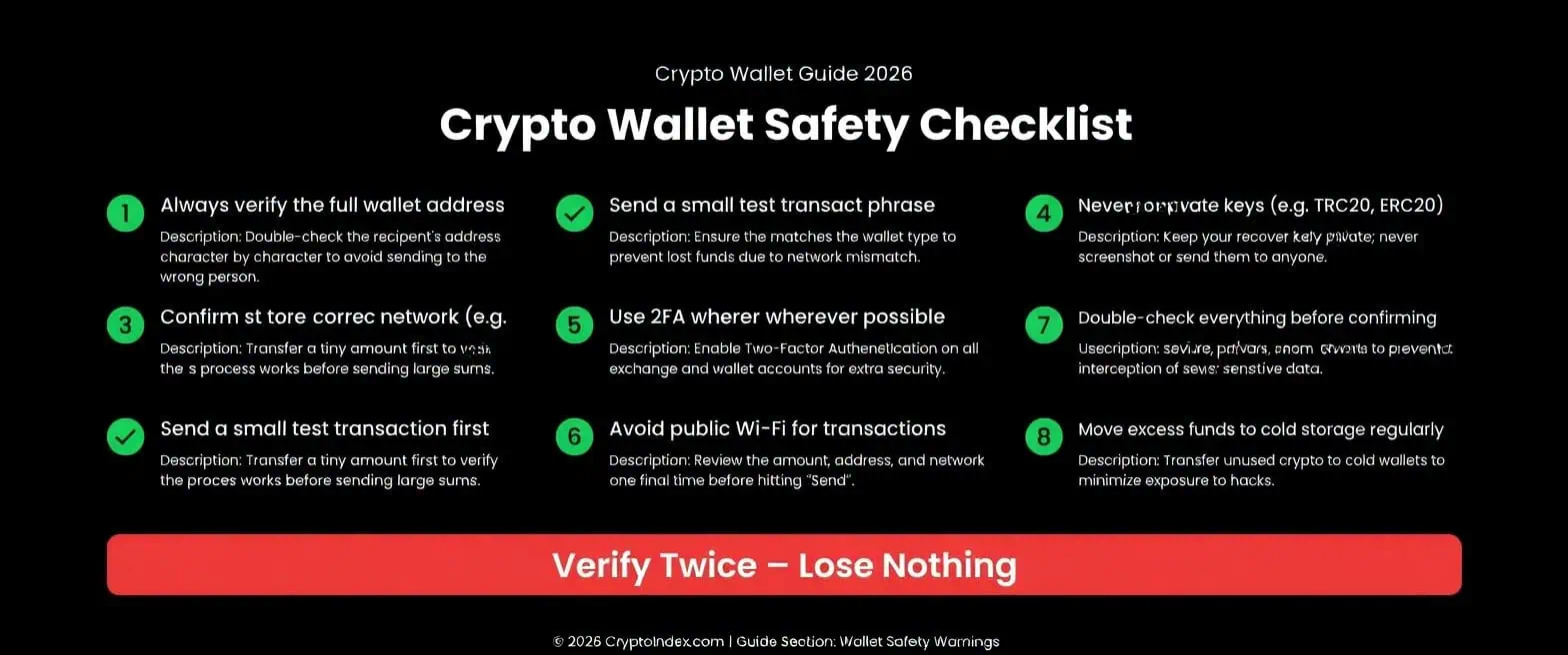 Crypto Wallet Safety Checklist 2026 – 8 essential steps to avoid losing funds: verify address, confirm network, send test transaction, secure private keys and more