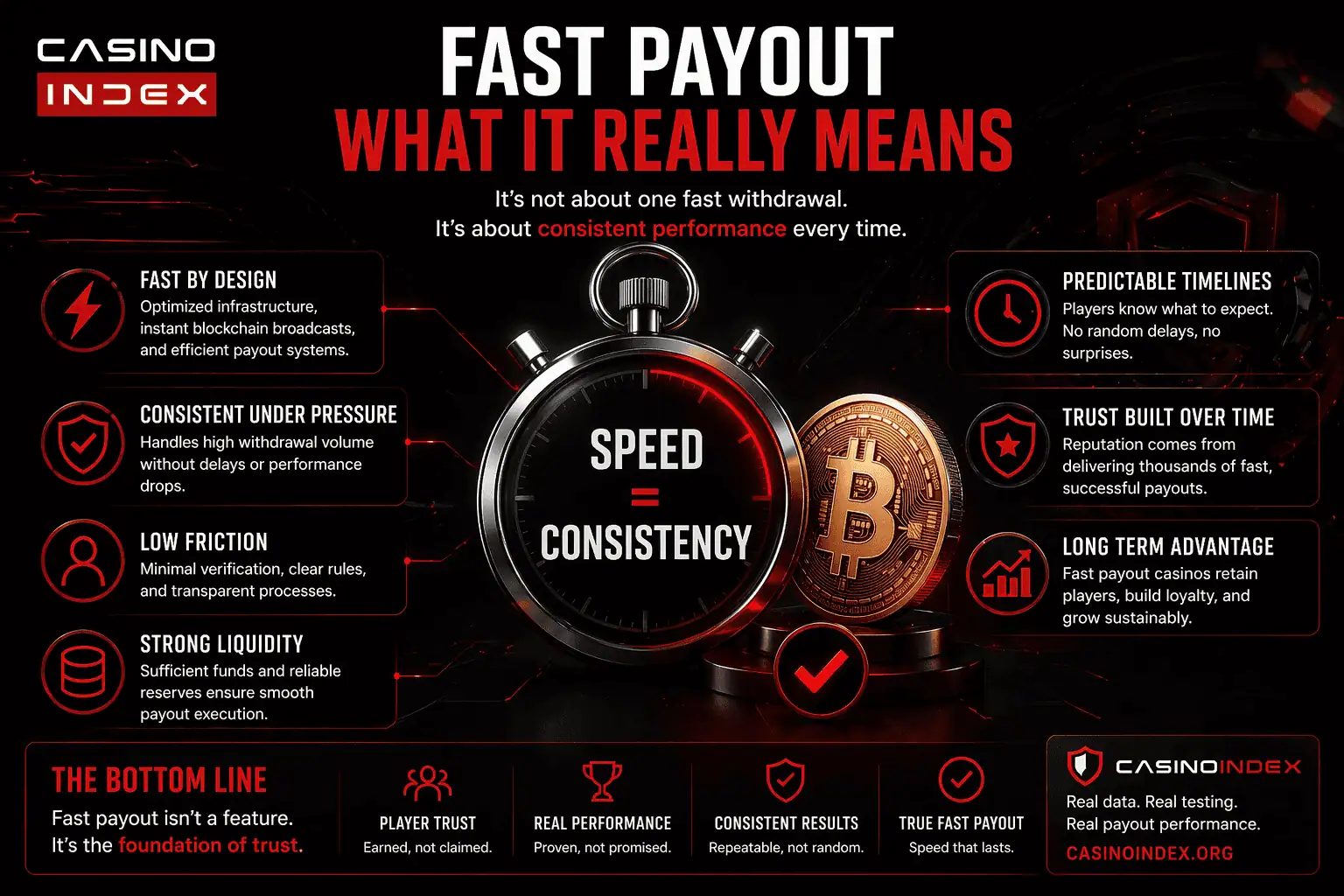Fast payout casino infographic showing speed equals consistency with crypto payouts, stopwatch, Bitcoin symbol, and CasinoIndex branding