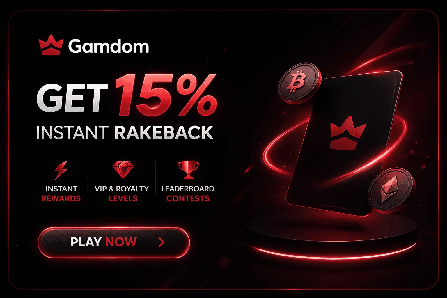 Gamdom Casino Banner – 15% Instant Rakeback Bonus für Crypto Spieler