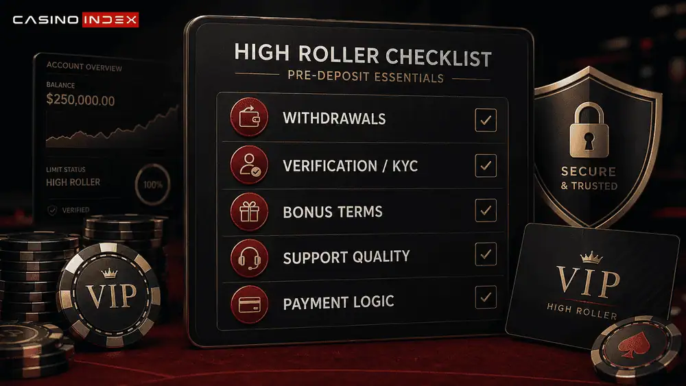 pre deposit checklist for high roller casinos covering withdrawals verification KYC bonus terms support quality and payment logic